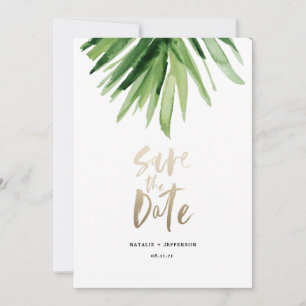 Tropical palm leaf and gold script save the date