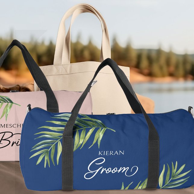 Tropical Palm Leaf Any Colour Handwritten Groom Duffle Bag (Groom duffel bag with palm leaf and calligraphy - edit to any color)
