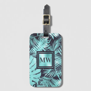 Tropical palm leaf aqua blue navy monogram island luggage tag
