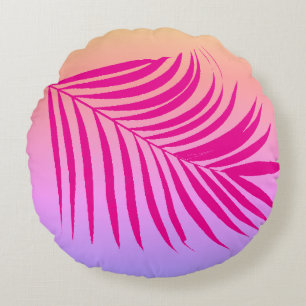Tropical Palm Leaf Art Hot Pink Orange Girly Gift Round Cushion