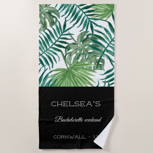 Tropical Palm Leaf Bachelorette Weekend Beach Towel (Front)