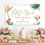 Tropical Palm Leaf Bat Mitzvah Gold Script Welcome Banner<br><div class="desc">Be proud, rejoice and showcase this milestone of your favourite Bat Mitzvah! Hang up this stunning, modern, stylish, personalised banner to add to her special day. Stylish, stunning, colourful, tropical watercolor birds of paradise flowers, faux gold handwritten script, Star of David and glitter dots, along with dark rose pink and...</div>