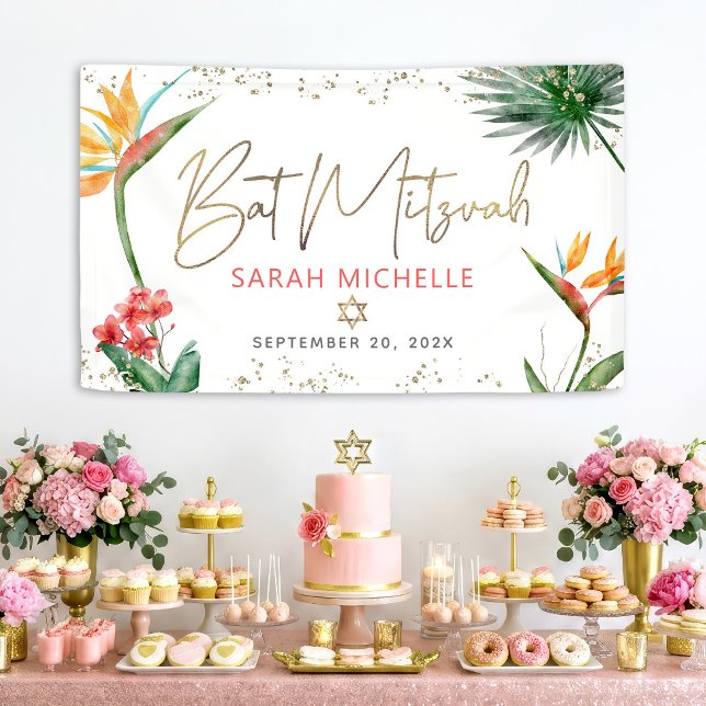 Tropical Palm Leaf Bat Mitzvah Gold Script Welcome Banner (Creator Uploaded)