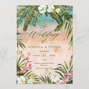 tropical palm leaf beach destination wedding invitation