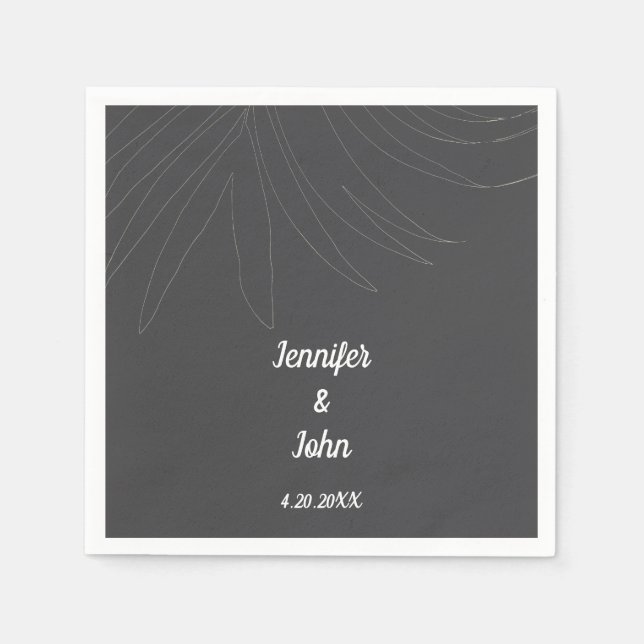 Tropical Palm Leaf Beach Wedding Grey Grey White Napkin (Front)