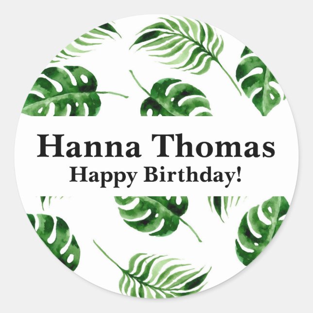 Tropical Palm Leaf Birthday Classic Round Sticker (Front)