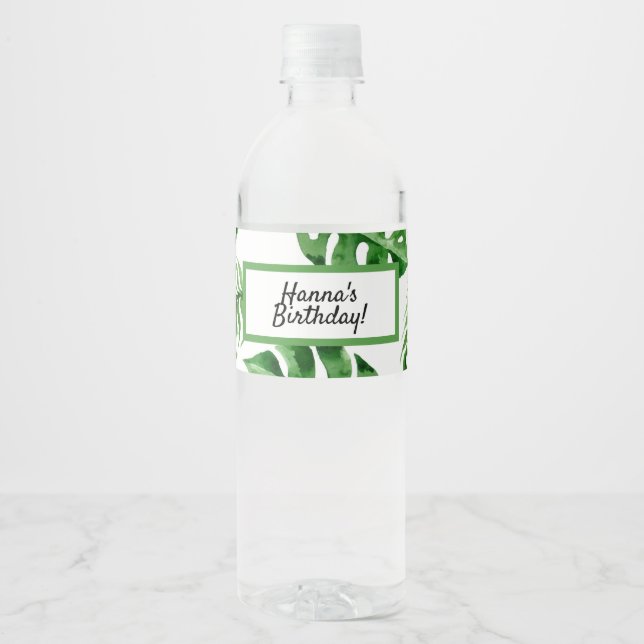 Tropical Palm Leaf Birthday Water Bottle Label (Front)