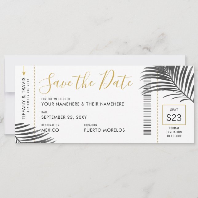 Tropical Palm Leaf Boarding Pass Save Date B+W Announcement (Front)