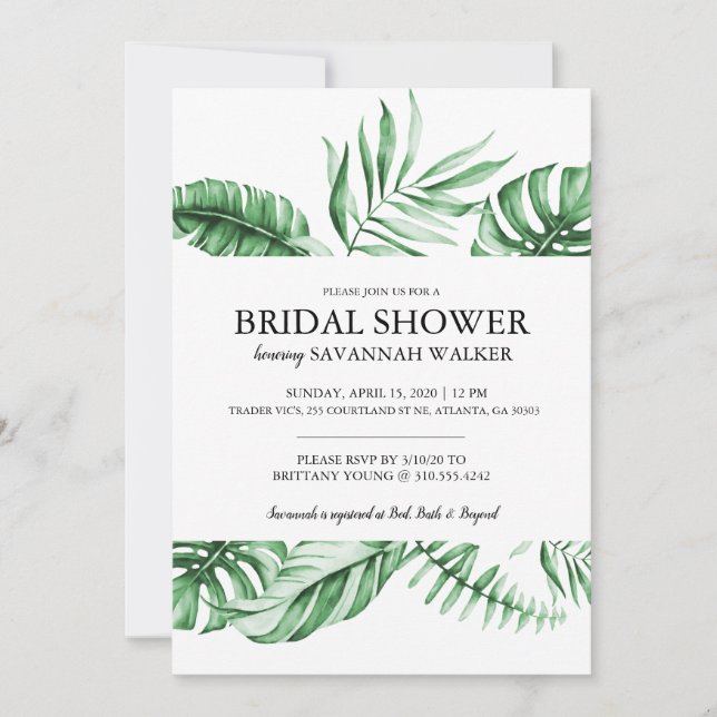 Tropical palm leaf bridal shower invitation (Front)