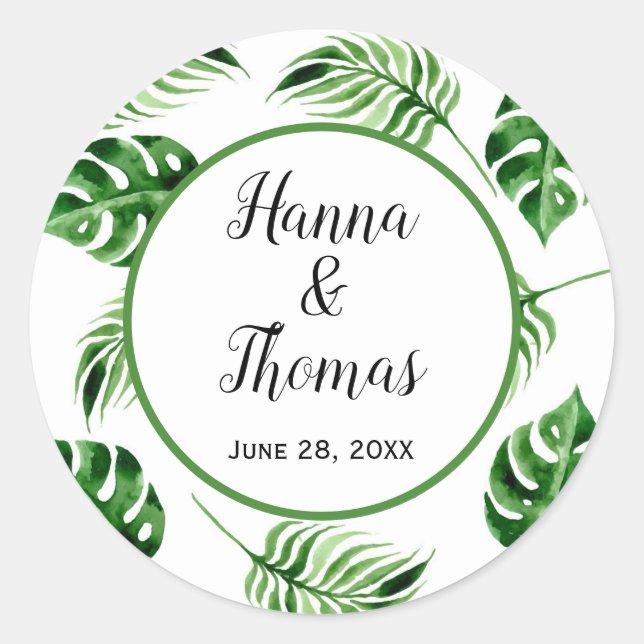 Tropical Palm Leaf Destination Wedding Classic Rou Classic Round Sticker (Front)