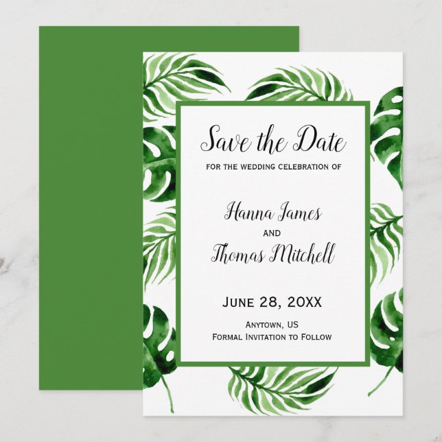 Tropical Palm Leaf Destination Wedding Save The Date (Front/Back)