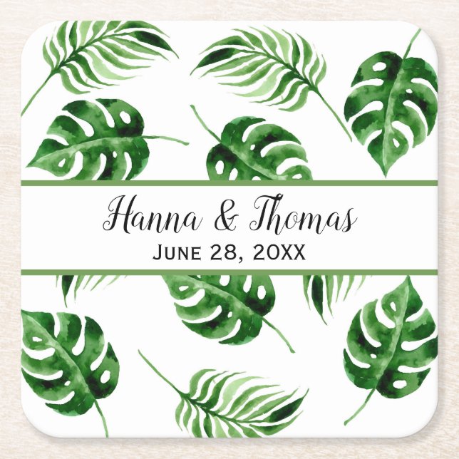Tropical Palm Leaf Destination Wedding Square Paper Coaster (Front)