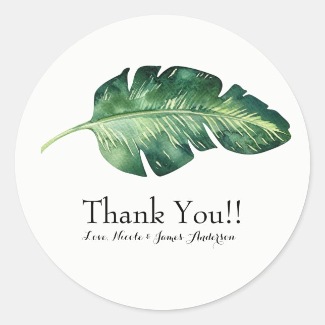 Tropical Palm Leaf Elegant Chic Wedding Favour Classic Round Sticker (Front)