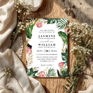Tropical Palm Leaf Elegant Modern QR Code Wedding Invitation
