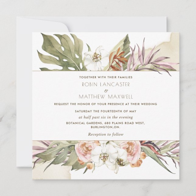 Tropical Palm Leaf Floral Cream Square Wedding Invitation (Front)