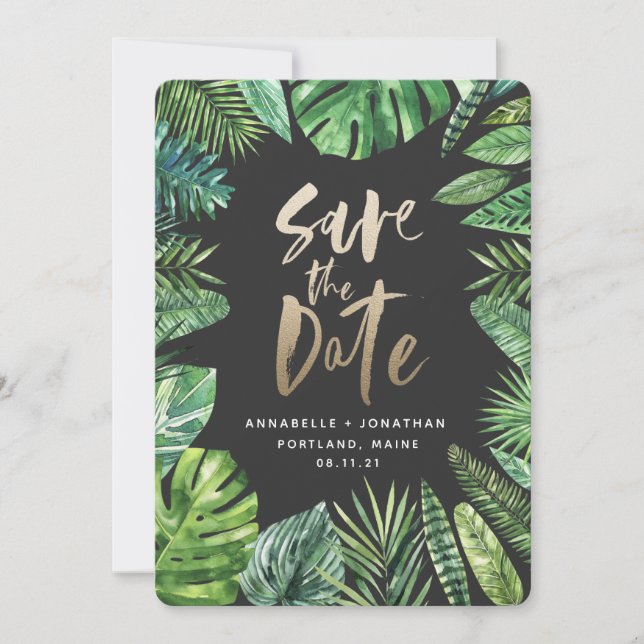 Tropical palm leaf foliage and gold script save the date (Front)