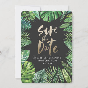 Tropical palm leaf foliage and gold script save the date