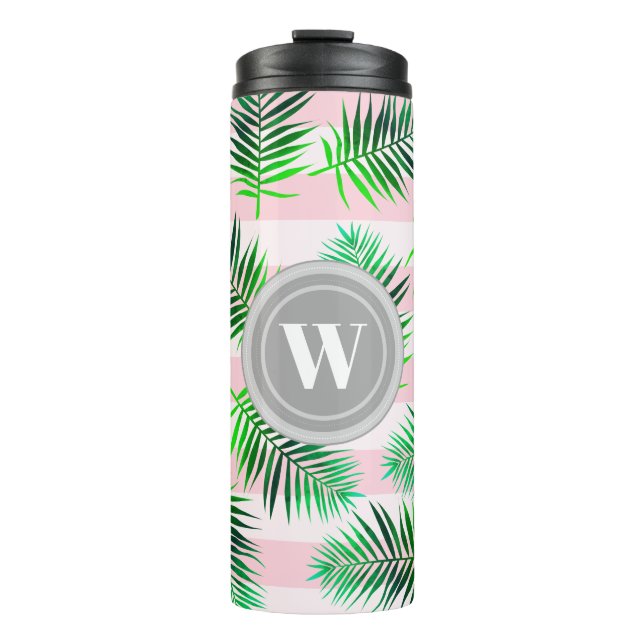 Tropical Palm Leaf Foliage & Pale Pink Stripes Thermal Tumbler (Front)