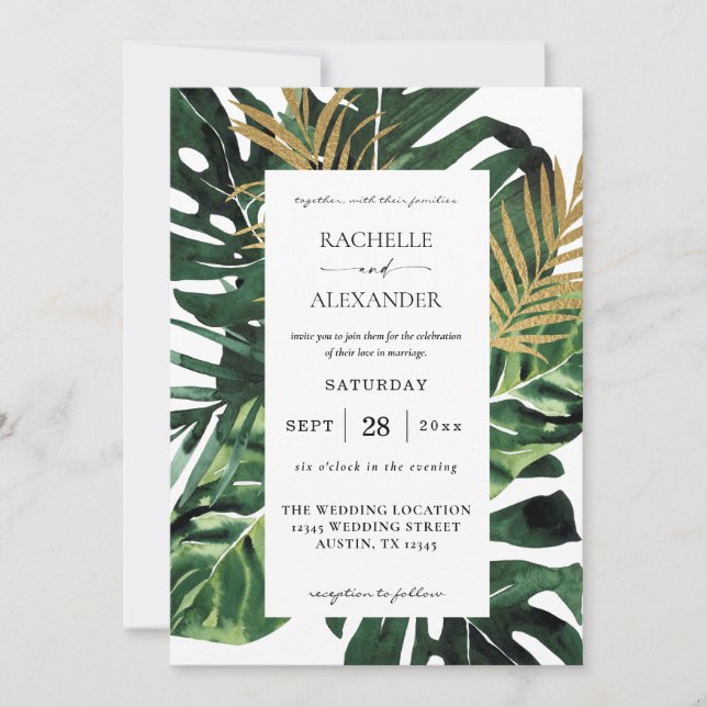 Tropical Palm Leaf Gold 1 Wedding Invitation (Front)