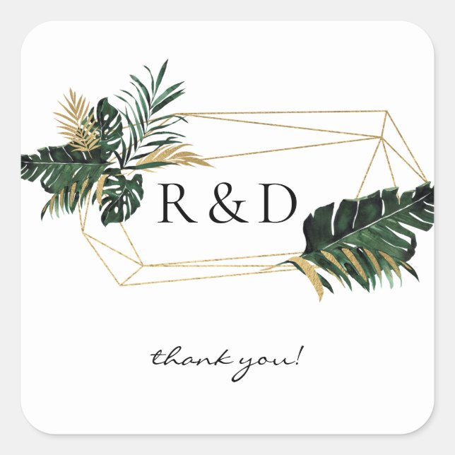 Tropical Palm Leaf Gold 2 Monogram -  Square Sticker (Front)
