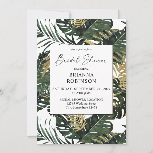 Tropical Palm Leaf & Gold Greenery Bridal Shower Invitation (Front)