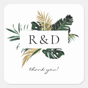 Tropical Palm Leaf Gold Monogram -  Square Sticker