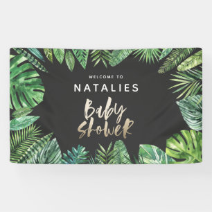 Tropical palm leaf & gold script baby shower banner