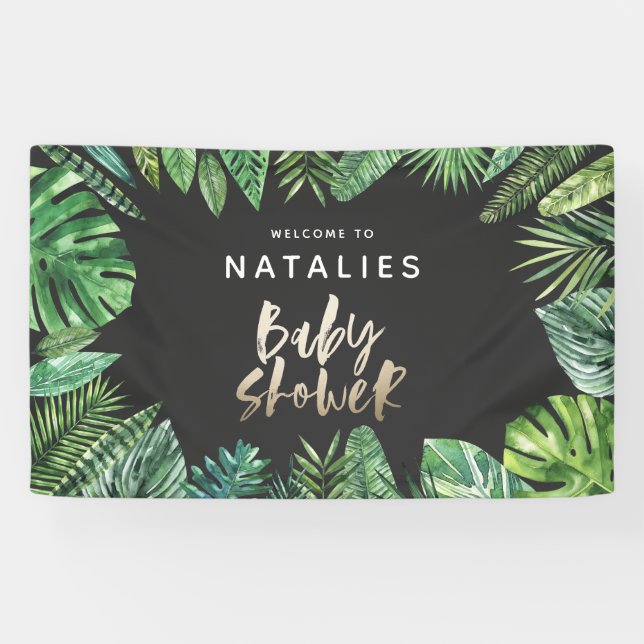 Tropical palm leaf & gold script baby shower banner (Horizontal)