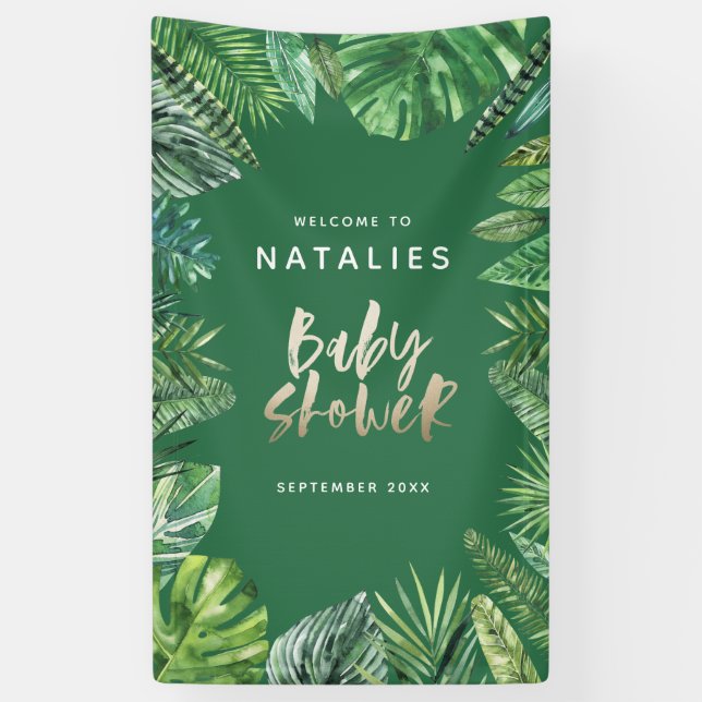 Tropical palm leaf & gold script baby shower banner (Vertical)
