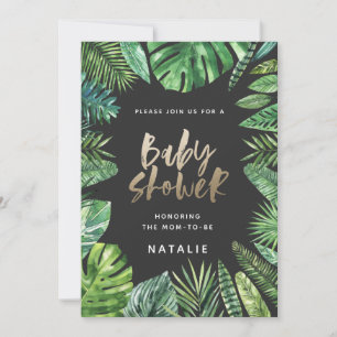 Tropical palm leaf & gold script baby shower card