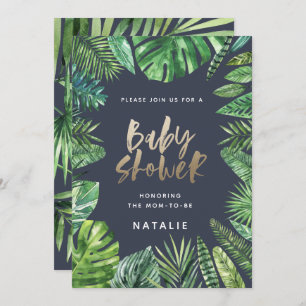 Tropical palm leaf & gold script baby shower card