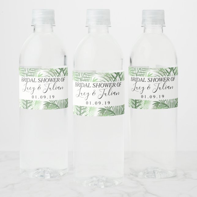 Tropical Palm Leaf Green Pattern Wedding  Water Bottle Label (Bottles)