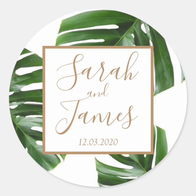 Tropical Palm Leaf green rose gold wedding sticker (Front)