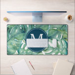 Tropical Palm Leaf Greenery Cute Desk Mat<br><div class="desc">This cute desk mat was designed using my original watercolor monstera palm leaf greenery. Personalise with your monogram initial in white over navy blue. Perfect idea for your tropical themed dorm room or college bedroom for guys or girls.</div>