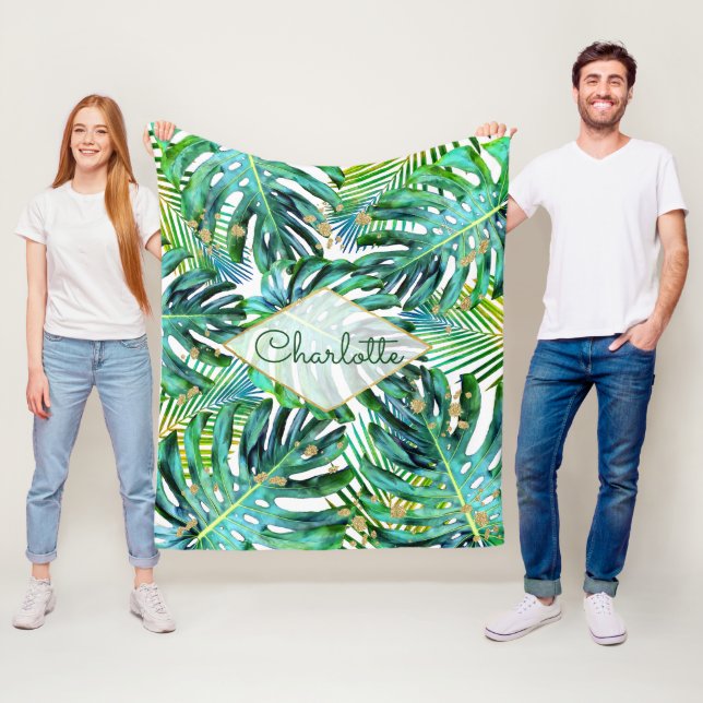 Tropical Palm Leaf Greenery Pattern Gold Glitter Fleece Blanket (In Situ)