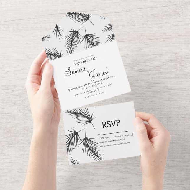 Tropical Palm Leaf Hand Drawn Black Wedding All In One Invitation (Tearaway)