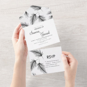 Tropical Palm Leaf Hand Drawn Black Wedding All In One Invitation