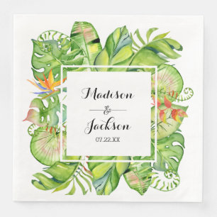 Tropical Palm Leaf Island Wreath Wedding Monogram Napkin