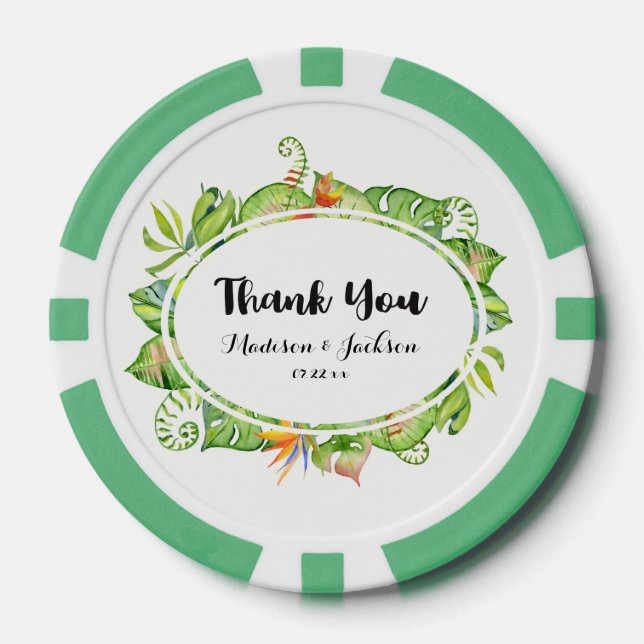 Tropical Palm Leaf Island Wreath Wedding Thank You Poker Chips (Front)