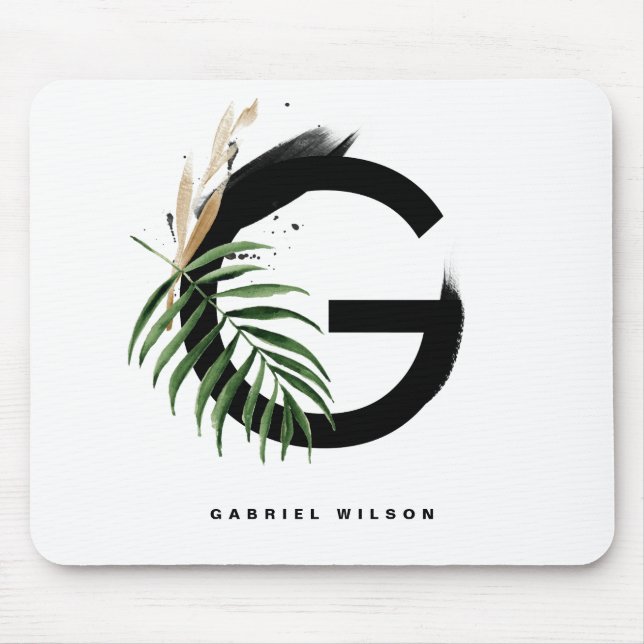 Tropical Palm Leaf Letter G Monogram Personalised Mouse Mat (Front)