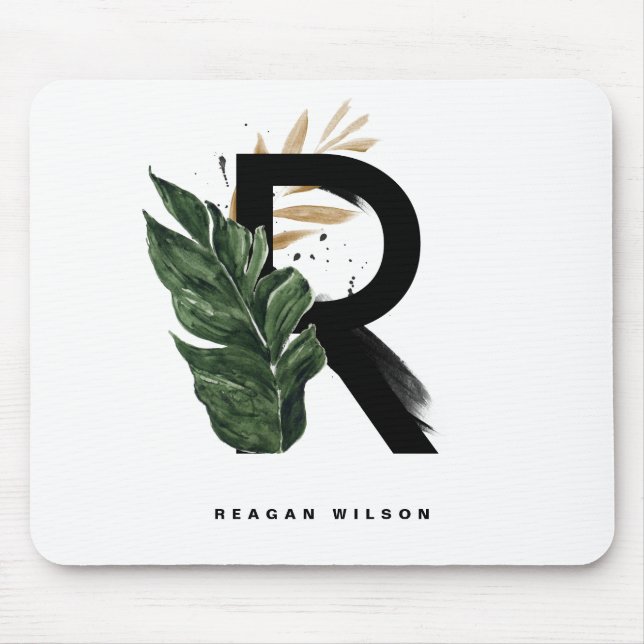 Tropical Palm Leaf Letter R Monogram Personalized Mouse Mat (Front)