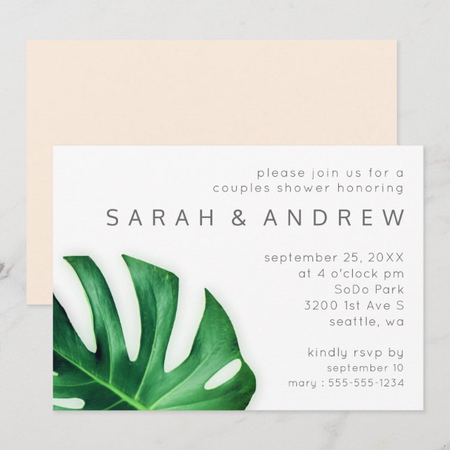 Tropical Palm Leaf Minimalist Couples Shower Invitation (Front/Back)