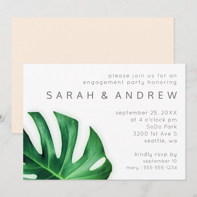 Tropical Palm Leaf Minimalist Engagement Party Invitation (Front/Back)