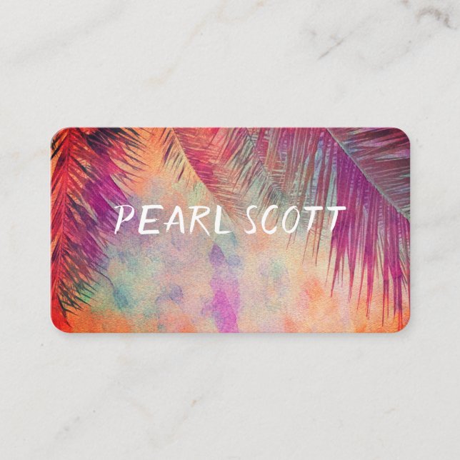 tropical palm leaf nature art purple and orange business card (Front)