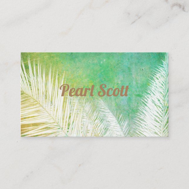 tropical palm leaf nature art teal blue and white business card (Front)