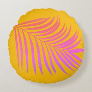 Tropical Palm Leaf Orange Yellow Pink Gift Decor Round Cushion