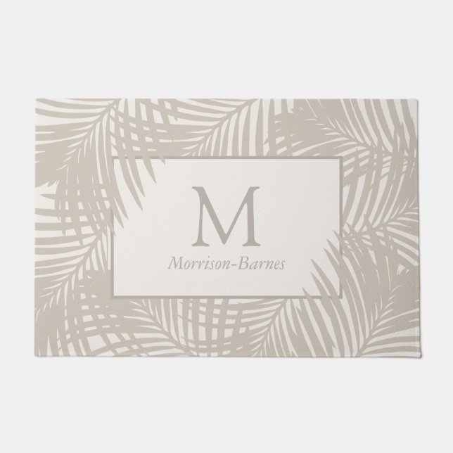 Tropical Palm Leaf Pattern Taupe Monogrammed Doormat (Front)