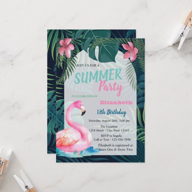 Tropical Palm Leaf,Pink Flamingos Birthday  Invitation (Front/Back In Situ)