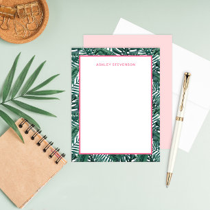 Tropical Palm Leaf Pink Portrait Monogram Card