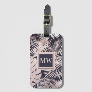 Tropical palm leaf rose gold navy blue island chic luggage tag